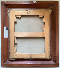 Reverse of the unlined canvas on its keyed stretcher with a central crossbar and a framer's label from Delf Cadres d'Art
