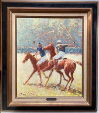 Two polo players at the gallop with mallets raised, their chestnut ponies crossing a sunlit field, in a gilt and black frame (Claude Fossoux)