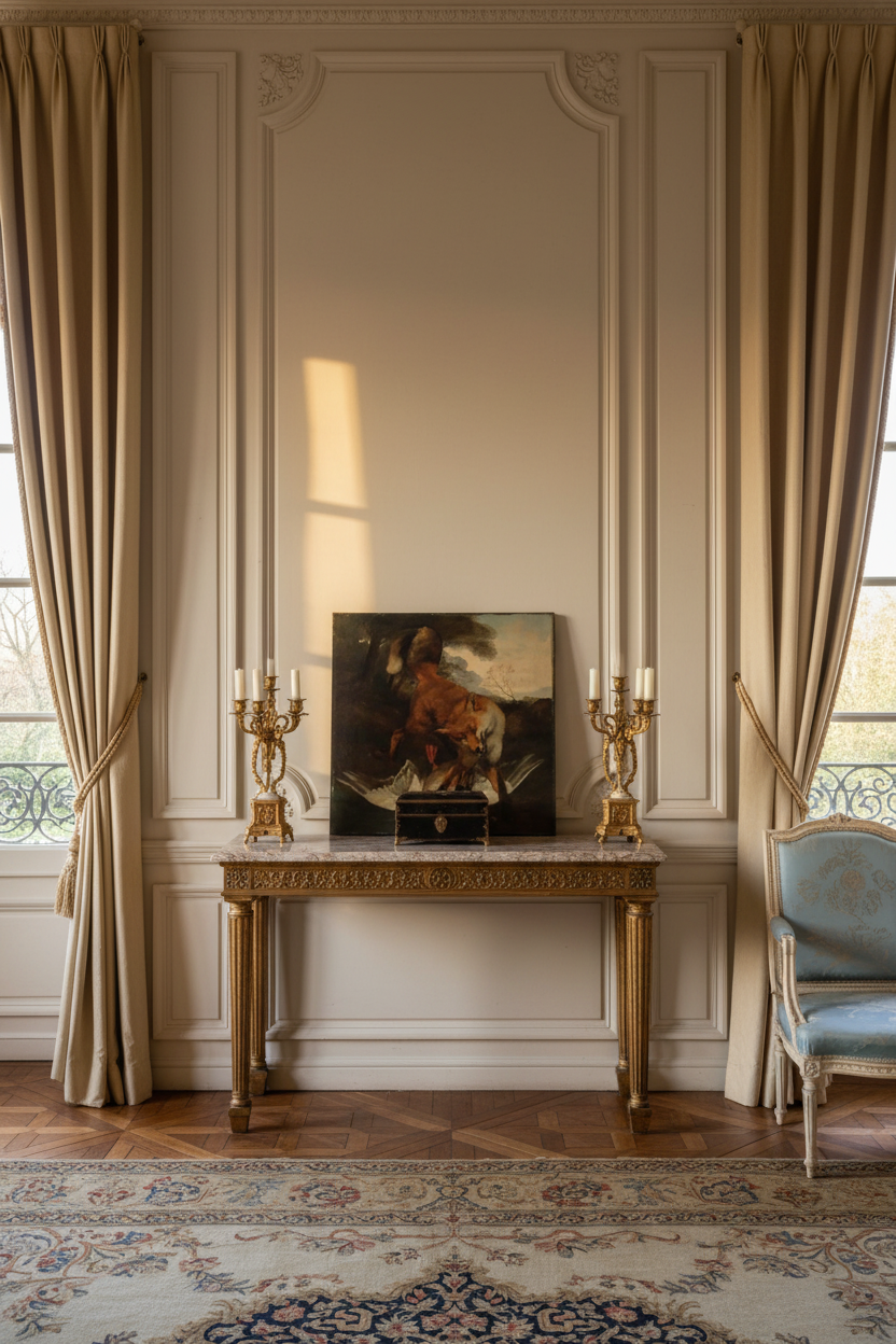 Shown to scale on a console between tall curtains, a digitally staged room (fox and duck oil painting by Ernest Brigot)