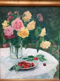 Detail of the François-Aubert still life showing the roses in a plain glass jar, the dish of cherries and the sprigs of cherry leaves on the white cloth