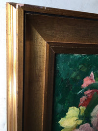 Corner detail of the frame on the François-Aubert still life showing the rubbed gilding, a loss at the top edge and the painted canvas at the rebate