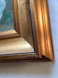 Corner macro of the frame on the François-Aubert still life showing the gilded mouldings, the craquelure in the gilding and the open mitre joint at the outer edge
