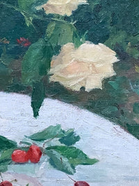 Macro of the François-Aubert still life showing a cream rose against the dark hedge, the edge of the white cloth and cherry leaves lying on the linen