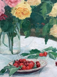 Macro of the François-Aubert still life showing the glass jar with stems in the water, the loaded impasto of the cherries and the broad brushwork of the cloth