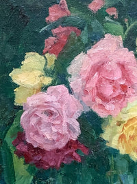Macro of the left side of the François-Aubert bouquet showing the pink and yellow roses in thick paint and the canvas weave reading through the thin green ground