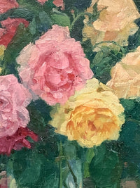 Macro of the roses in the François-Aubert still life showing the pink and yellow heads built in thick separate touches over the dark green foliage