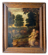 Seventeenth century French allegory of autumn, a young woman with fruit beneath a tree in a harvest landscape, oil on panel in its original painted frame
