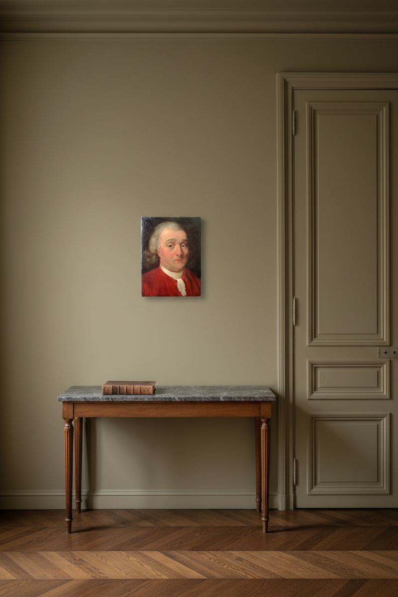 The small unframed canvas shown to scale on an olive-brown panelled wall above a marble console (18th century French portrait of a gentleman, oil on canvas)