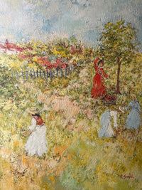 Girl in white walking away through the long grass, two women in pale blue bending together beyond her