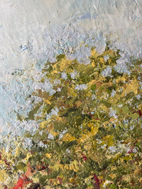 Foliage built up in raised knife strokes of green, yellow and white, thick enough to cast small shadows