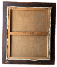 Reverse of the canvas on its stretcher, with pencil inventory numbers on the rails (Sinicki, fruit picking in a summer garden, 20th century oil on canvas)
