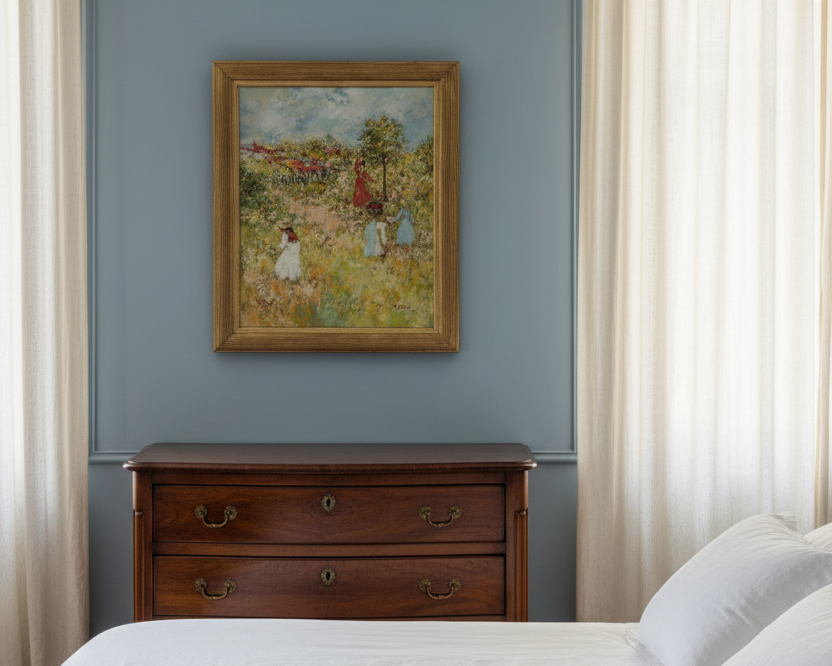 The framed canvas shown to scale above a dark wood chest on a pale blue wall (Sinicki, fruit picking in a summer garden, 20th century oil on canvas)