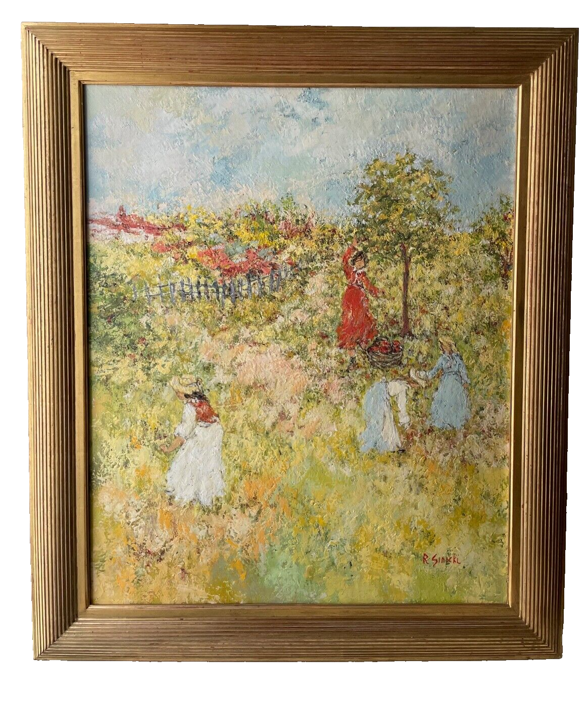 Fruit picking in a summer garden, signed oil on canvas by Sinicki in thick impasto, 20th century French school, in a gilt frame