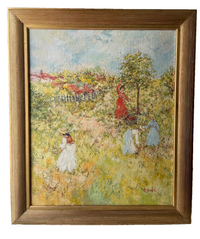 Fruit picking in a summer garden, signed oil on canvas by Sinicki in thick impasto, 20th century French school, in a gilt frame