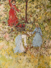 Two women in pale blue dresses stooping over the grass near the basket of red fruit