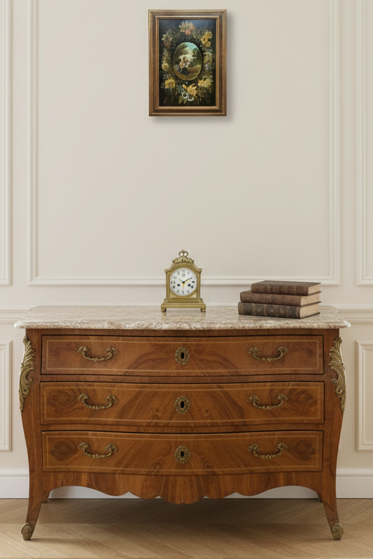 Shown at scale above a commode on a pale wall, in its moulded wood frame