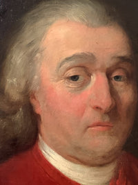Macro detail of the eyes and brow, the grey brows laid in with separate hairs, the blue irises picked out with a fine highlight, warm pink worked into the eyelids and the corner of the nose, with fine craquelure visible across the forehead