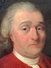 Close-up of the sitter's face showing the heavy pink flesh tones and grey brows, the eyes set beneath drooping lids, with a fine craquelure running across the forehead and cheek and the weave of the canvas reading through the thinner passages