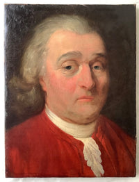 Unframed portrait of an older gentleman in a red coat with a white stock and lace jabot, wearing a powdered wig, turned slightly to the right against a dark brown ground, the canvas shown flat with its tacking edges visible