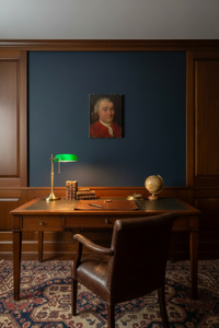 Room view mockup showing the unframed portrait hung on a dark blue panelled wall above an oak desk with a green shaded brass lamp, books, a globe and a leather armchair, staged to suggest scale in a study interior