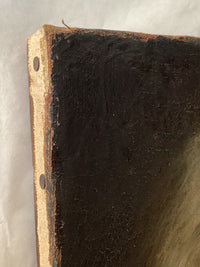 Detail of the upper left corner showing the dark ground carried over the turn of the canvas, two flat headed tacks in the stretcher edge, an open craquelure network across the background paint and abrasion along the fold with the canvas fibre exposed