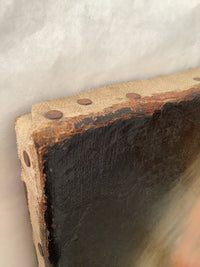 Detail of the upper tacking edge showing a row of rusted flat headed tacks set into the pale canvas fold, the dark ground of the painting stopping short of the turn, with abrasion and small losses along the edge