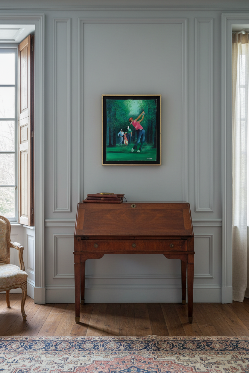 Shown to scale above a console in a hallway, a digitally staged room (the golf player by Victor Spahn)