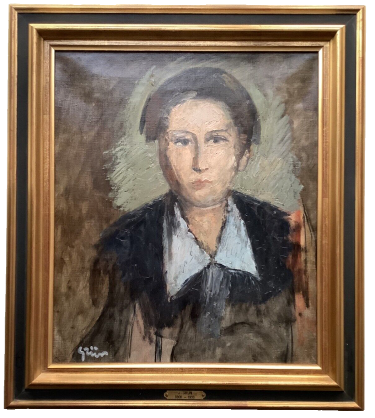 Jules-Alexandre Grün portrait of a young sitter in a wide white collar, signed oil on canvas in a gilt frame with black frieze