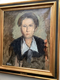 Angled view of the Grün portrait showing the loaded impasto of the grey-green halo and the dry brushwork of the dark garment