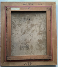 Reverse of the Grün portrait showing the unlined canvas on its original keyed stretcher, the stencilled 12P format mark and a circular studio sale stamp