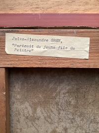 Typewritten label on the oak stretcher of the Grün portrait naming the artist in full and giving the subject as the painter's young son
