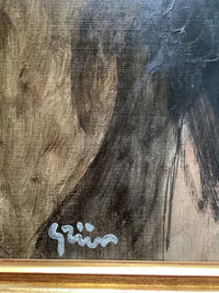 Macro of the Grün signature in white cursive at the lower left, with the linen weave reading through the thin brown ground and fine drying craquelure in the dark paint above