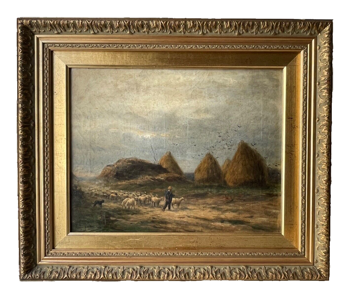 Antique French landscape with four large haystacks and a shepherd driving his flock, oil on canvas in a gilded frame