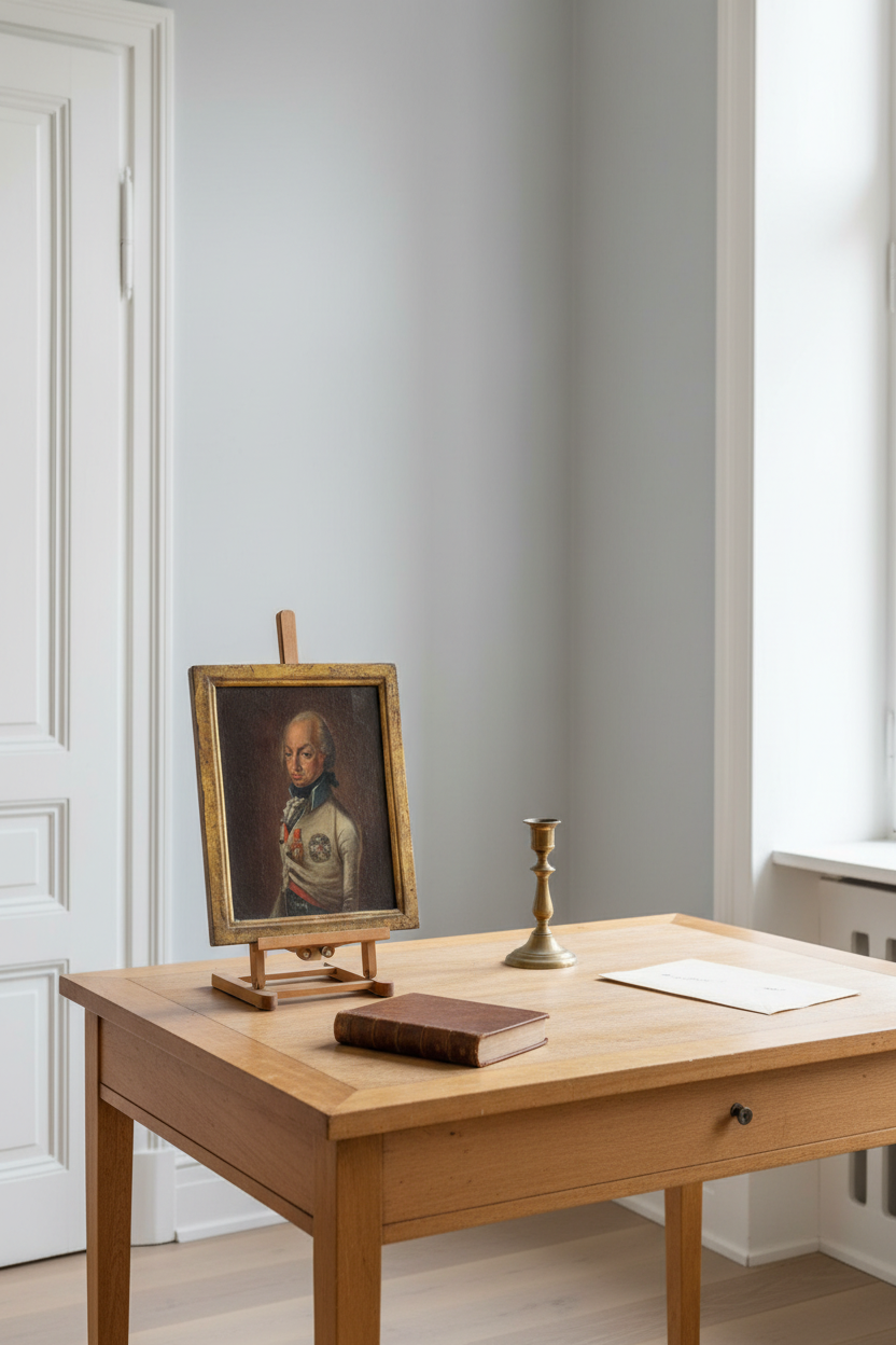 The small portrait shown to scale on a table easel on a fruitwood Biedermeier desk, beside a book and a brass candlestick (Habsburg archduke, Austrian school oil on canvas circa 1800)