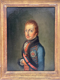 Full view of the framed portrait, the pale blue dolman with red frogging, black fur pelisse, rose and blue sash and silver breast star against an olive ground