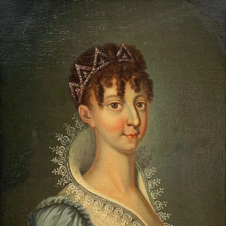 Habsburg imperial portrait of a lady with a jeweled tiara, early 19th century oil painting in a gilt frame