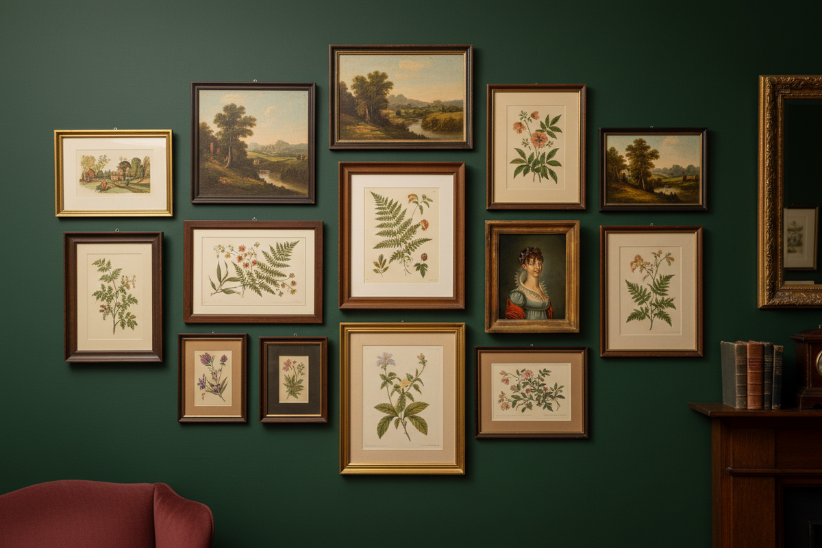 Habsburg portrait of a lady with tiara in a gilt frame among framed prints in a gallery wall