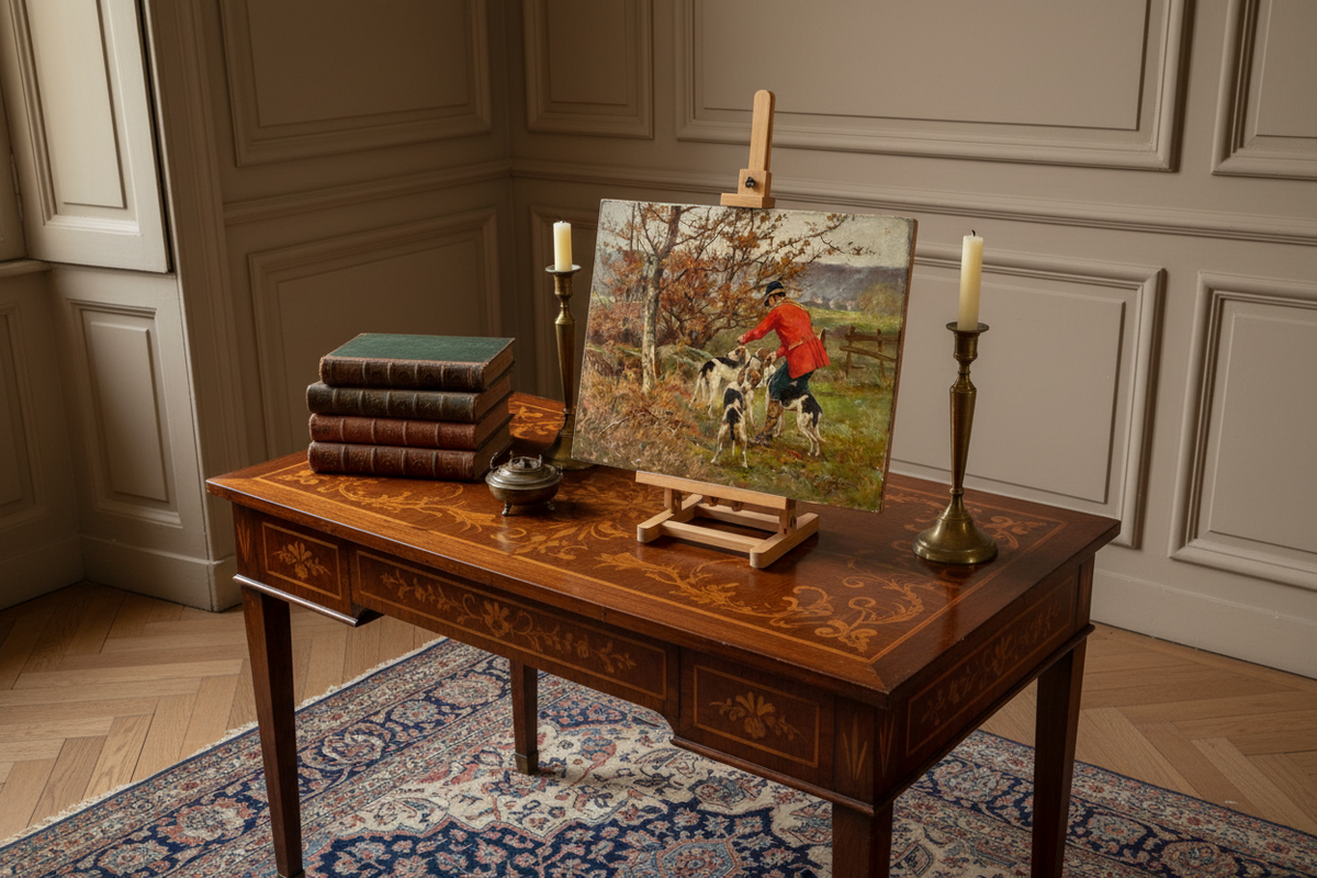 Huntsman and hounds oil on panel 1891 displayed on a tabletop easel in a French library