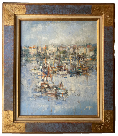 Signed Daniel Jaugey painting of fishing boats in a French harbour, oil on canvas, 20th century French school, in a gilt and blue frame with carved corners