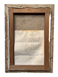 The reverse of the canvas, with the dealer's letter taped across the stretcher