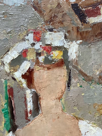 The figures at the rail reduced to blocks of colour against the grey of the course