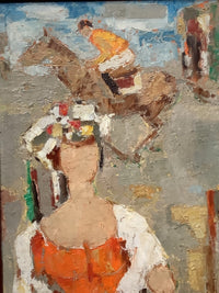 The horse crosses at full stretch, its jockey folded forward in orange and white silks