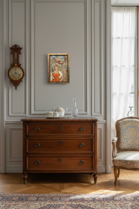 The painting shown to scale on a pale wall above a chest of drawers