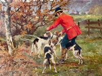 Huntsman in a scarlet coat gathering his hounds at the edge of an autumn wood, signed Tristan Lacroix 1891