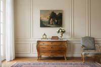 Large antique French painting of Christ and the Samaritan woman displayed in a French sitting room