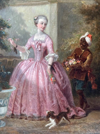 The composition seen close, the pink silk gown painted in ribbon and lace, a servant with a basket of flowers at the right and a spaniel running at the hem