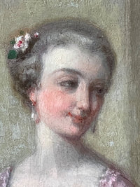 The sitter's head in close view, powdered hair dressed with small pink roses, a drop earring at the ear, painted over a pale green ground