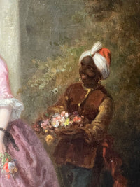 The second figure at the right in a plumed turban and brown livery with a red sash, holding a basket of cut flowers