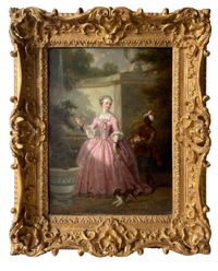 A young woman in a pink silk gown reaching to a rose on a garden terrace, a servant with a basket of flowers at the right and a spaniel at her feet, in a carved gilt frame