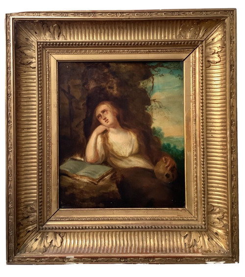 Antique penitent Magdalene in a cave with an open book and a skull, oil in a moulded gilt frame